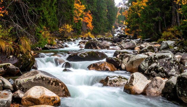 Rushing river through a forest during autumn