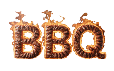 The letters B, B, and Q are formed to look like grilled meat. Flames lick the edges of the text, emphasizing the heat of cooking. 