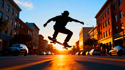 Silhouette of a skateboarder performing a trick in a city street at sunset with buildings and cars visible creating a dynamic urban scene filled with energy and freedom during the golden hour light