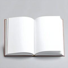 Open book with blank white pages, lying flat on a light gray surface, ready for writing or design.