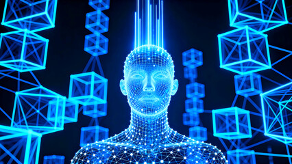 Digital human head with glowing blue lines and geometric shapes representing artificial intelligence and neural networks in a futuristic technology concept for innovation and science