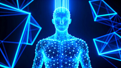 Futuristic digital human representation with glowing blue lines and geometric shapes symbolizing artificial intelligence and advanced technology in a modern and innovative design concept