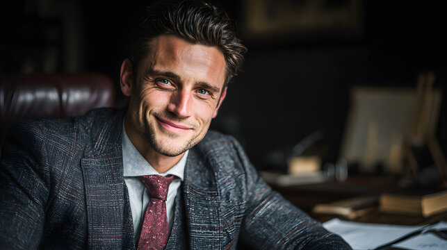 Feliz director general de negocios, hombre joven, parado en el cargo. Sonriente gerente ejecutivo profesional maduro y confiado, abogado orgulloso, l&iacute;der empresarial con ropa formal, mirando a camara