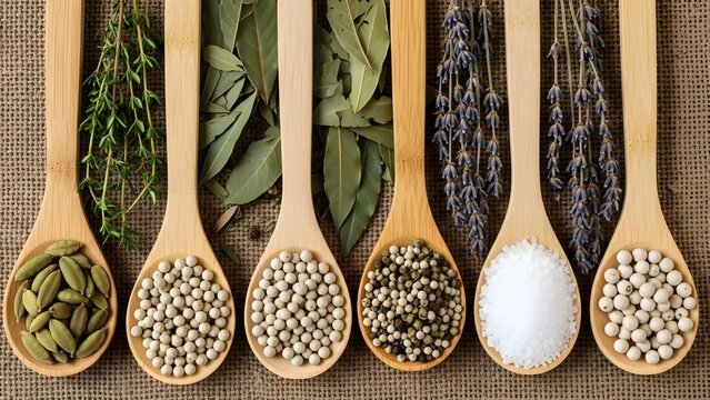 Variety of herbs and spices in wooden spoons on rustic background