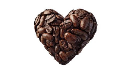 Heart shape made of roasted coffee beans arranged in rich aromatic pattern dark textured caffeine grain detail isolated on white background