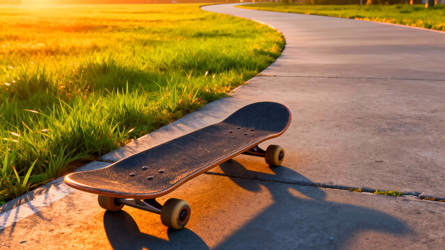 Skateboard rests on a concrete path at sunset with golden light illuminating the grass and creating long shadows perfect for skateboarding and outdoor recreation scenes