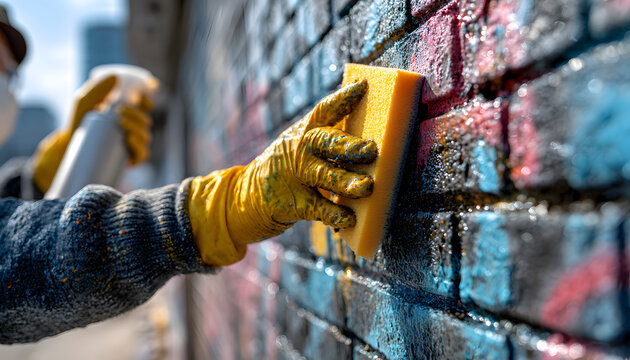 Worker in protective mask, gloves scrubs graffiti from brick wall using cleaning spray, sponge. Professional cleaning service restores building facade. Hygiene, sanitization for outdoor surfaces.