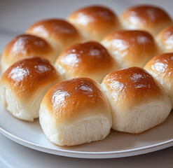Soft Golden Dinner Rolls with Fluffy Texture and Shiny Butter-Brushed Tops
