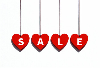 Red hearts spelling out sale hanging on strings against white background, perfect for a Valentines Day or Holiday poster
