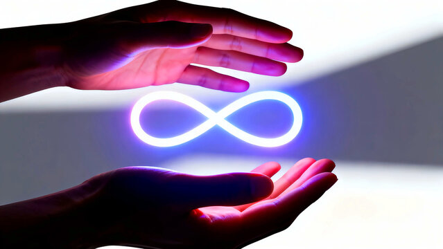 Hands holding a glowing infinity symbol representing eternity and endless possibilities in a conceptual design with vibrant light and shadow creating a sense of magic and wonder