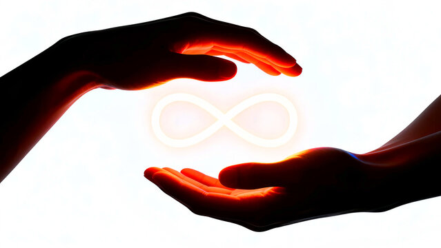 Hands presenting a glowing infinity symbol against a bright background representing eternity connection spirituality and the power of infinite possibilities in a modern conceptual design