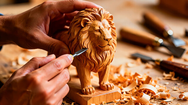 Woodcarver meticulously shapes a lion sculpture using hand tools in a workshop setting showcasing craftsmanship and artistry with detailed carving and woodworking techniques