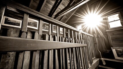 stiffened. Vintage sepia-toned polaroid photos cascading through a sunbeam in a dusty, nostalgic attic. travel magazines, destination branding, designed for travel destination branding.