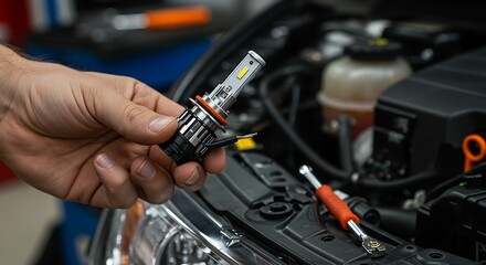 Mechanic's hand holding a new LED headlight bulb near a car engine