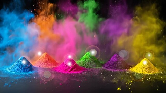 Vibrant Holi Powder Explosions In A Row With Lens Flares And Dark Background Vibrant Holi Powder Explosions In A Row With Lens Flares And Dark Background