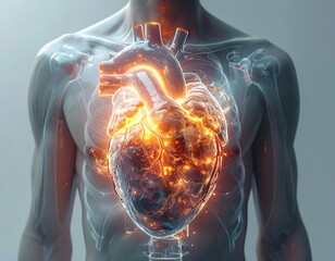 Illuminated human heart within a translucent torso