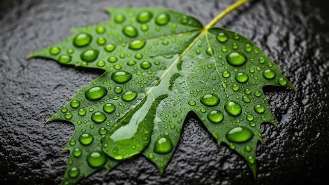 Vibrant Green Maple Leaf Covered in Translucent Water Droplets Resting on a Dark Textured Stone Surface Macro Shot