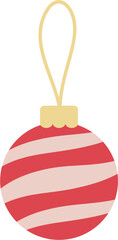 Christmas bauble ornament. Festive hanging ball with red striped pattern. Flat design.
