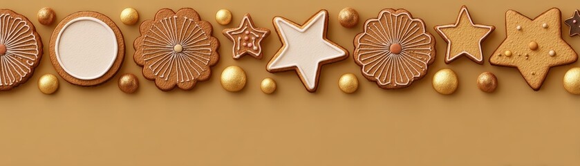 A decorative arrangement of various cookies, stars, and circles in warm tones, perfect for a festive or celebratory theme, Christmas hologram with AI