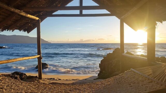 Tropical Beach Hut Hammock Overlooking Ocean Sunset Warm Golden Sunlight Shining Over Calm Blue Water Rocky Shoreline Island Silhouette Distant Mountains Peaceful Serene Atmosphere - Powered by Adobe