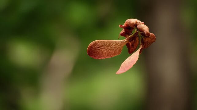 amalgam. A maple seed spiraling down against a blurred forest backdrop. representing seasonal cycles and harvest abundance, gardening catalogs, designed for gardening and botanical catalogs.