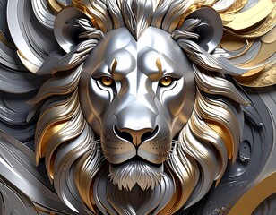Metallic, stylized lion's face, ornate silver and gold accents, regal design