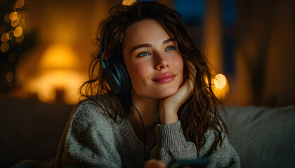 Woman with headphones holding mockup blank green screen mobile smartphone while listening online music media entertainment relaxation on sofa at home, Green empty space for advertise text