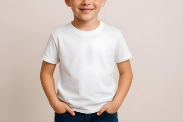 Child wearing plain white t-shirt and jeans on light background for casual fashion and apparel listing
