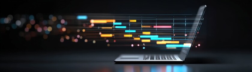 A sleek laptop with vibrant, abstract data visuals emanating from it, technology and digital innovation, Christmas hologram with AI
