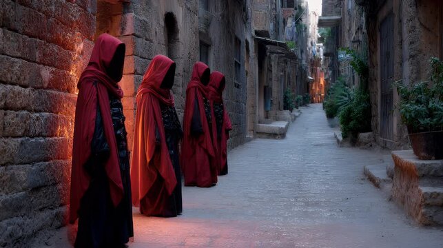 Figures in red cloaks standing in a stone alleyway