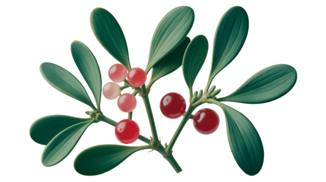 Mistletoe branch with red berries and lush green leaves.