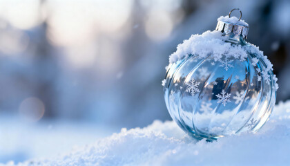 Blue glass bauble with a snowflake pattern lying in a snowdrift covered with snow against a winter background.