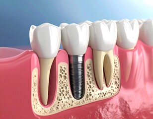 Medical diagram of dental implant within gums, showing bone structure and adjacent teeth