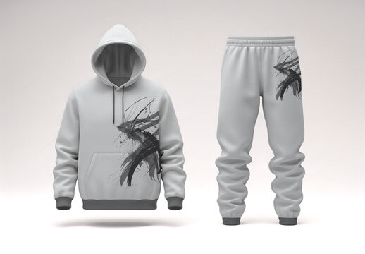 Minimal White Hoodie and Pants with Abstract Black Brushstroke Design