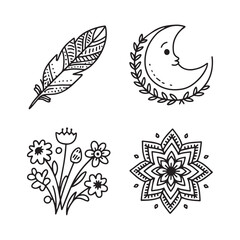 Hand-Drawn Boho Style Nature and Celestial Doodle Vector Illustrations Set.