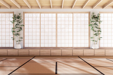 Japanese minimalist empty room interior with shoji sliding doors and tatami floor , 3D render