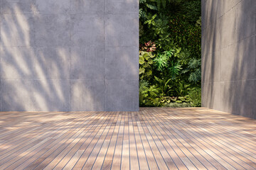 3D render of a modern architectural space with concrete panel walls and wooden deck, featuring a lush vertical garden