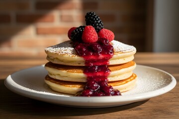 A stack of fluffy pancakes topped with fresh berries and a drizzle of berry sauce, dusted with powdered sugar.