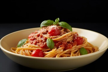 Spaghetti Bolognese with tomatoes and basil in a bowl on a dark background.