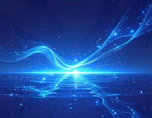 Digital blue ocean with light trails and sparkling stars