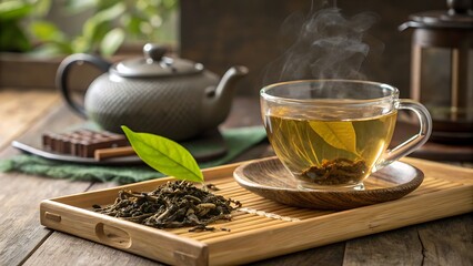 Steaming cup of aromatic green tea on a wooden tray, accompanied by loose tea leaves and a traditional teapot, conveying warmth, comfort, and healthy living.