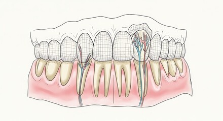 Medical illustration depicting human teeth, gums, and related root structure