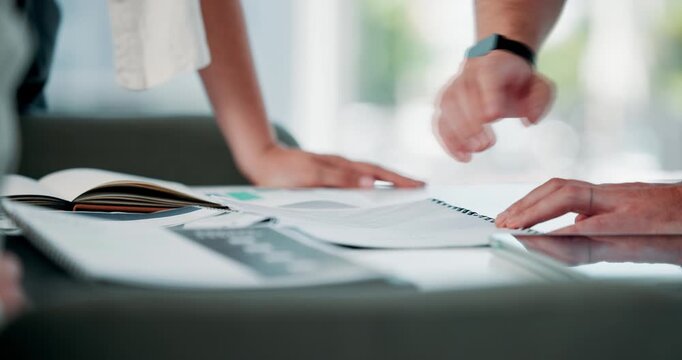 Business people, hands and meeting with documents for project tasks, agenda or planning in office. Group, employees or pointing with paperwork for company ideas, brainstorming or target audience