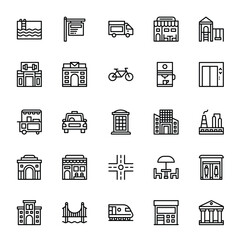 City, Architecture, and Urban Infrastructure Line Icon Set. Collection of Public Places, Transport, and Building Outline Symbols.