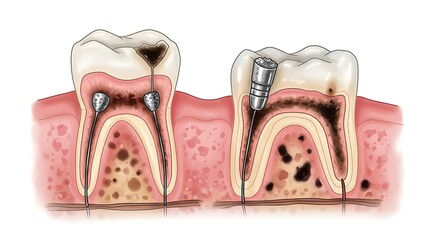 Medical illustration depicting two tooth cross-sections, one decayed and being treated