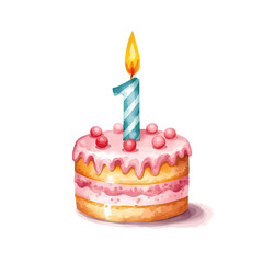 Watercolor cake with number one candle for birthday card, clip art isolated on white.