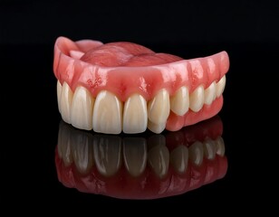 Obraz premium Denture set displaying perfect teeth and gums with a shiny reflection on a black surface