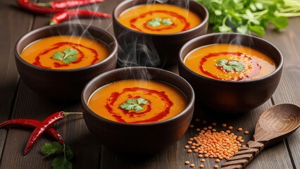 Four bowls of steaming hot lentil soup garnished with chili oil and cilantro isolated on white background