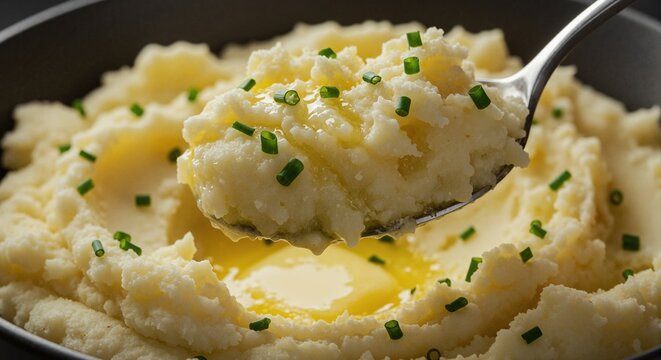 Spoonful of creamy mashed potatoes with melted butter and chives. Classic homemade comfort food in dark bowl. Traditional holiday side dish - Powered by Adobe