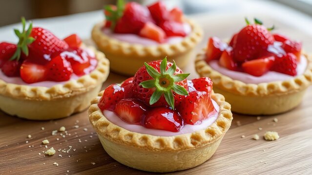 Four delicious mini strawberry tarts with creamy filling and fresh strawberries isolated on white background